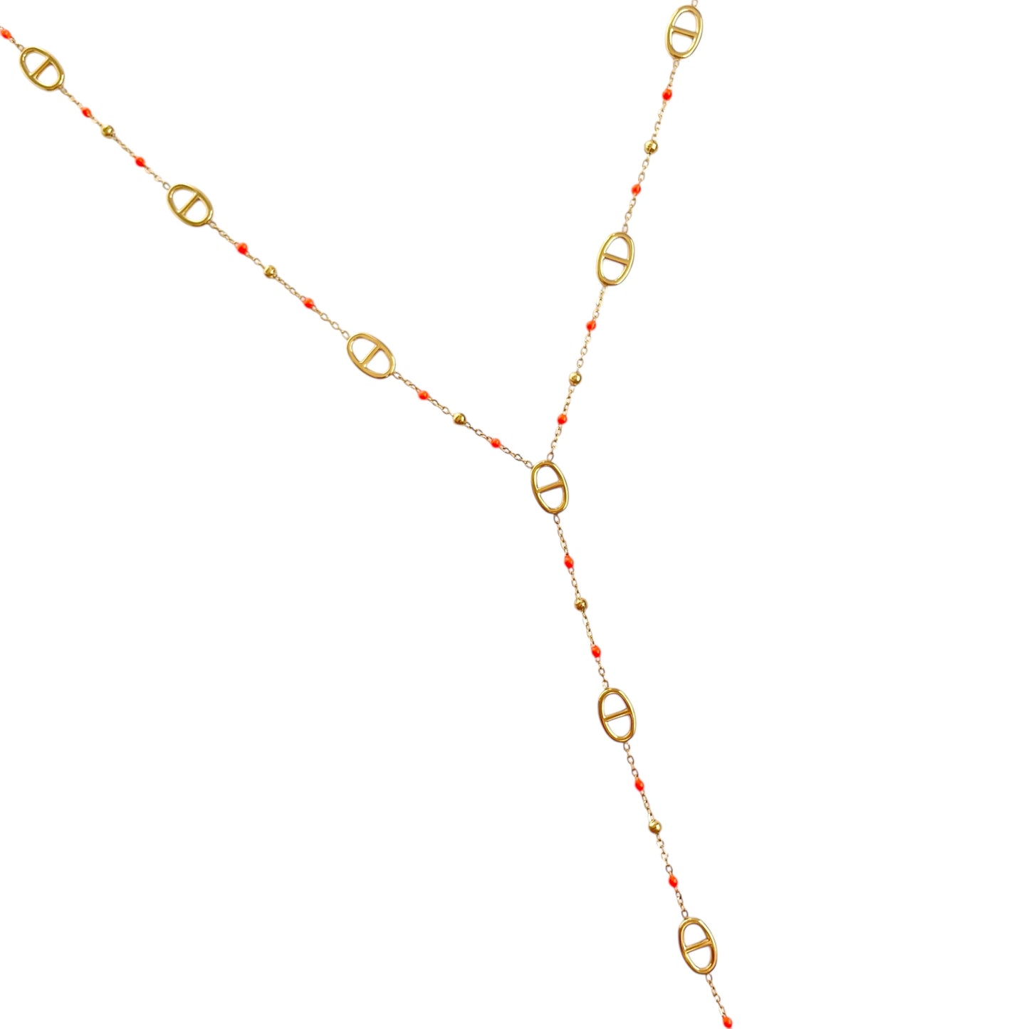 Collier en forme de y maille marine et perles orange en acier inoxydable doré pour femme 
