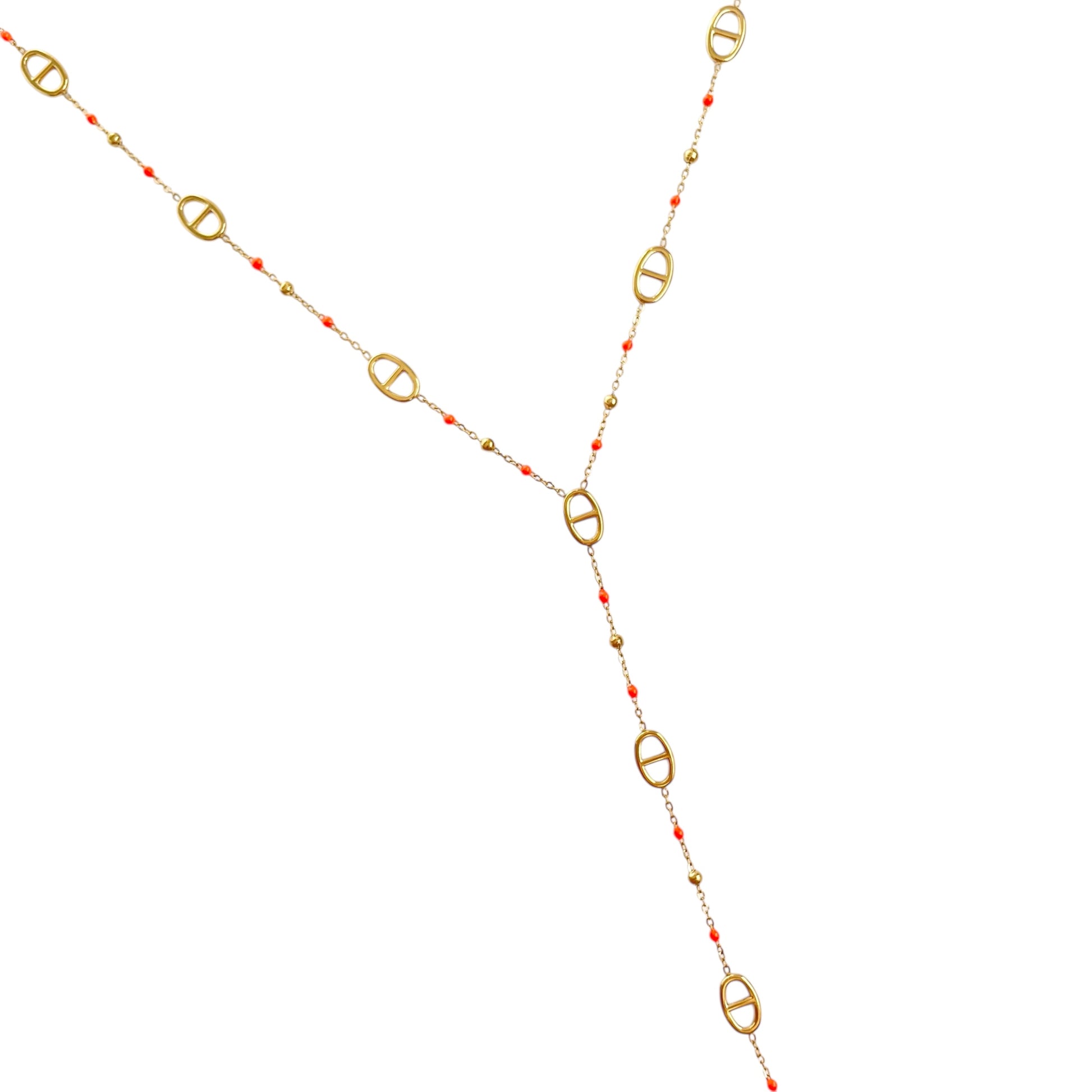 Collier en forme de y maille marine et perles orange en acier inoxydable doré pour femme 