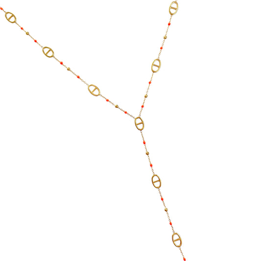 Collier en forme de y maille marine et perles orange en acier inoxydable doré pour femme 