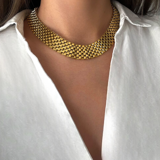 Collier maille plate large en acier inoxydable doré pour femme 