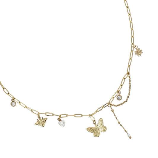 Collier pampilles perles papillon en acier inoxydable doré pour femme 
