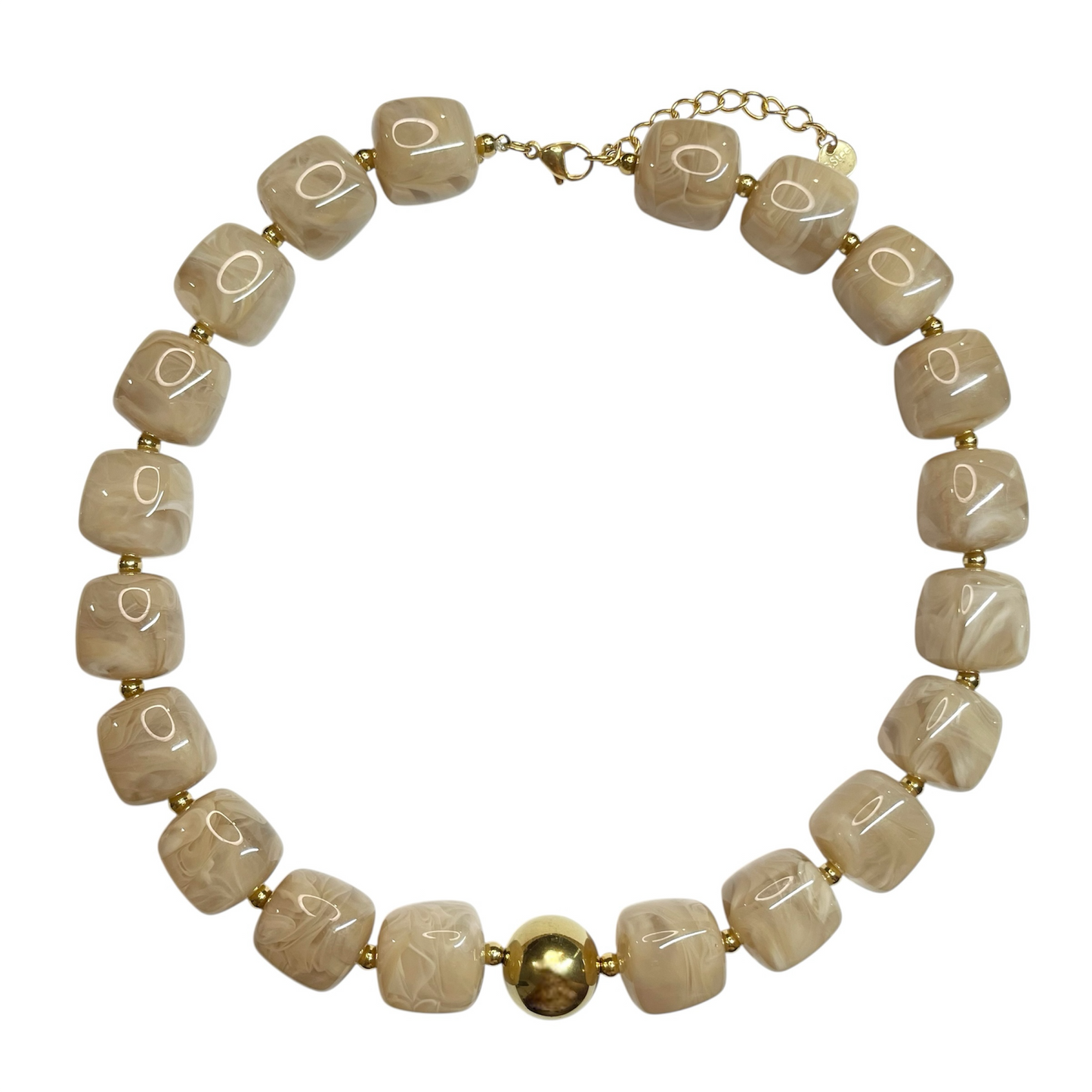 Collier perles carrées en résine couleur crème et doré ajustable pour femme 