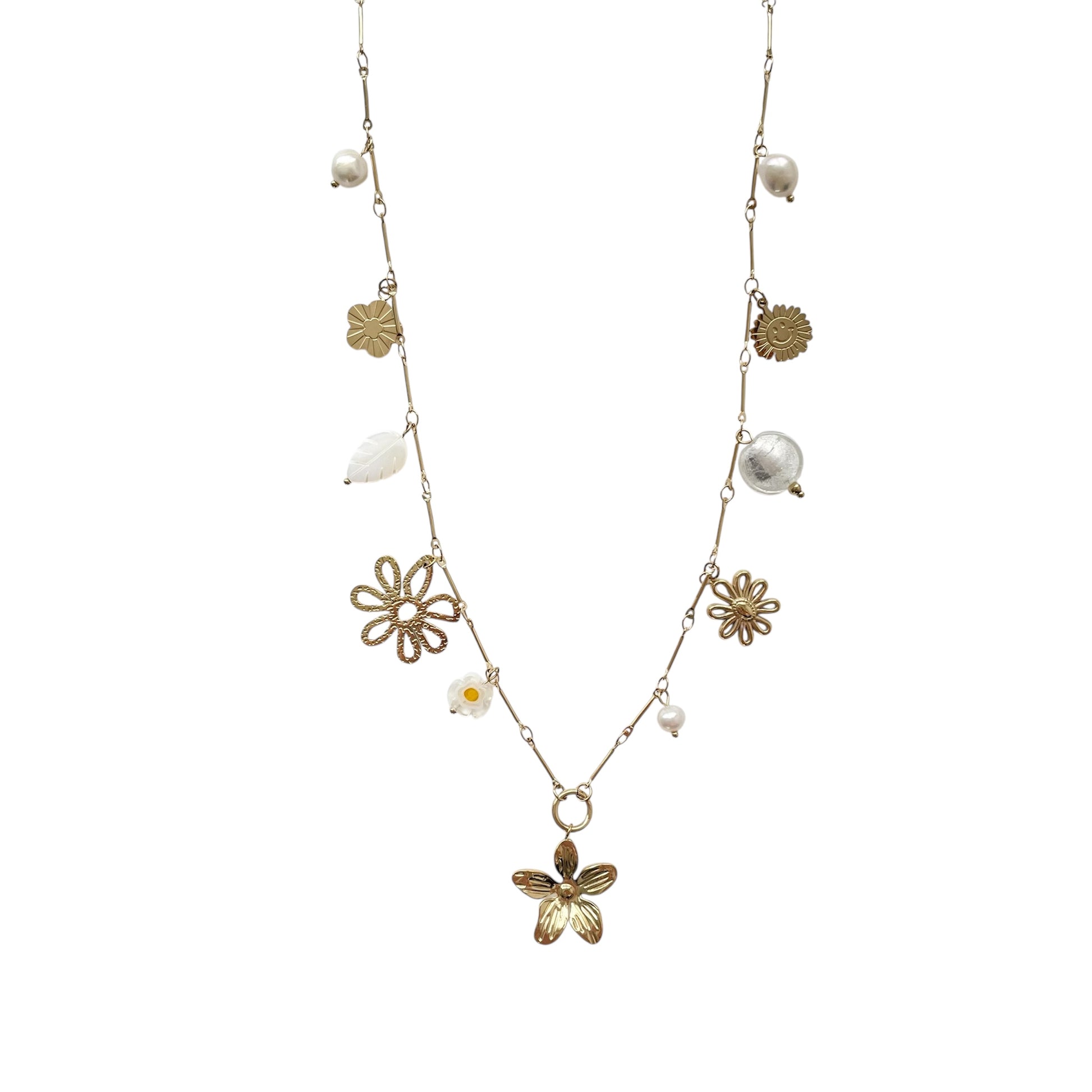 Collier Sautoir élégant breloques composé de fleurs tendance en acier inoxydable doré pour femme 