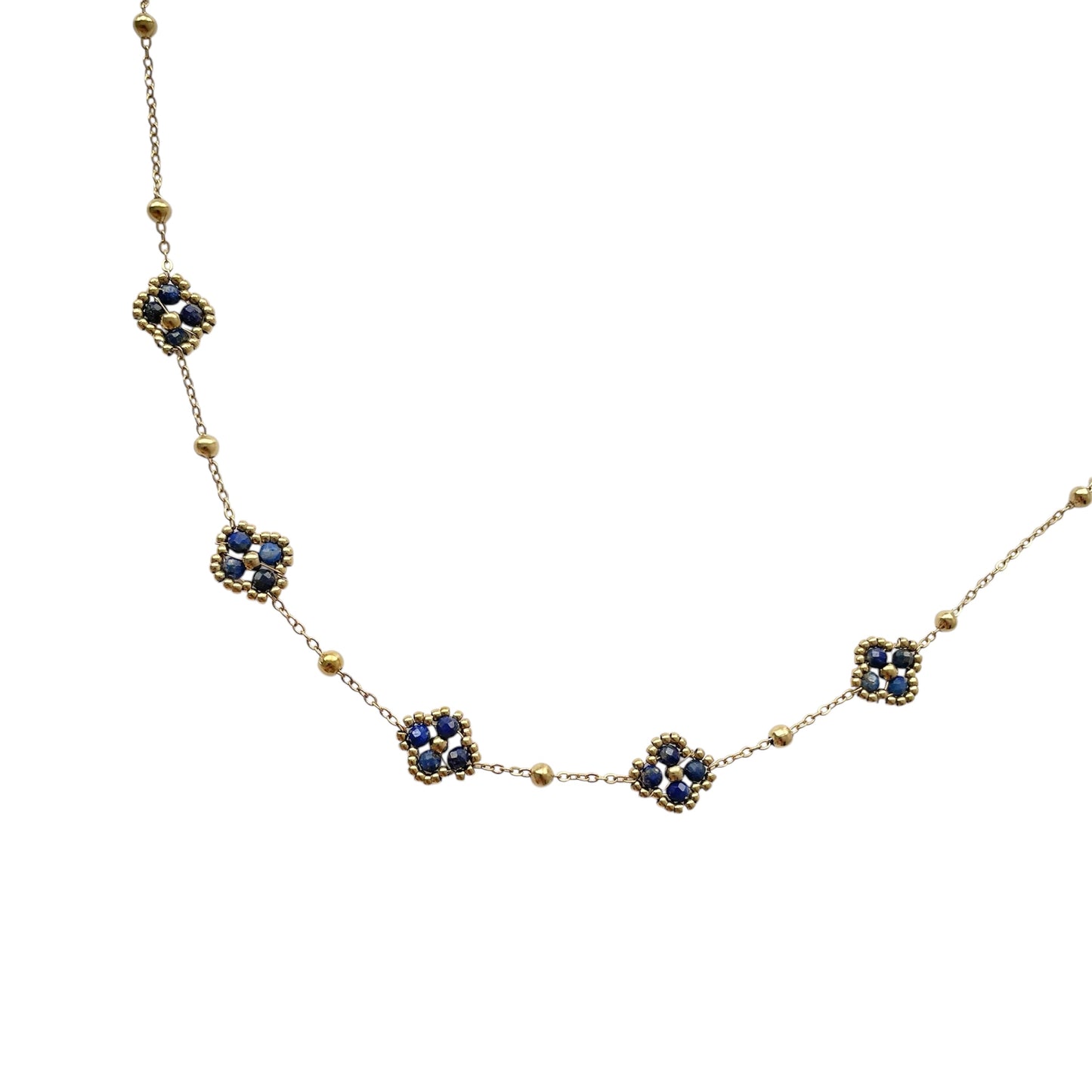 Collier trèfle bleu et perles doré en acier inoxydable pour femme 