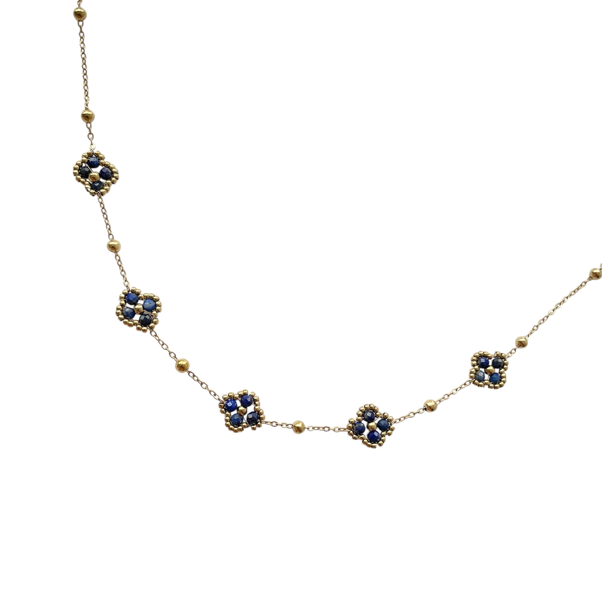 Collier trèfle bleu et perles doré en acier inoxydable pour femme 