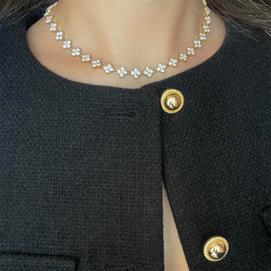 Collier trèfles ras de cou serti de zirconium et acier inoxydable doré pour femme 