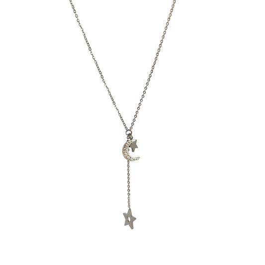 Collier en y étoile et lune en acier inoxydable argenté pour femme 