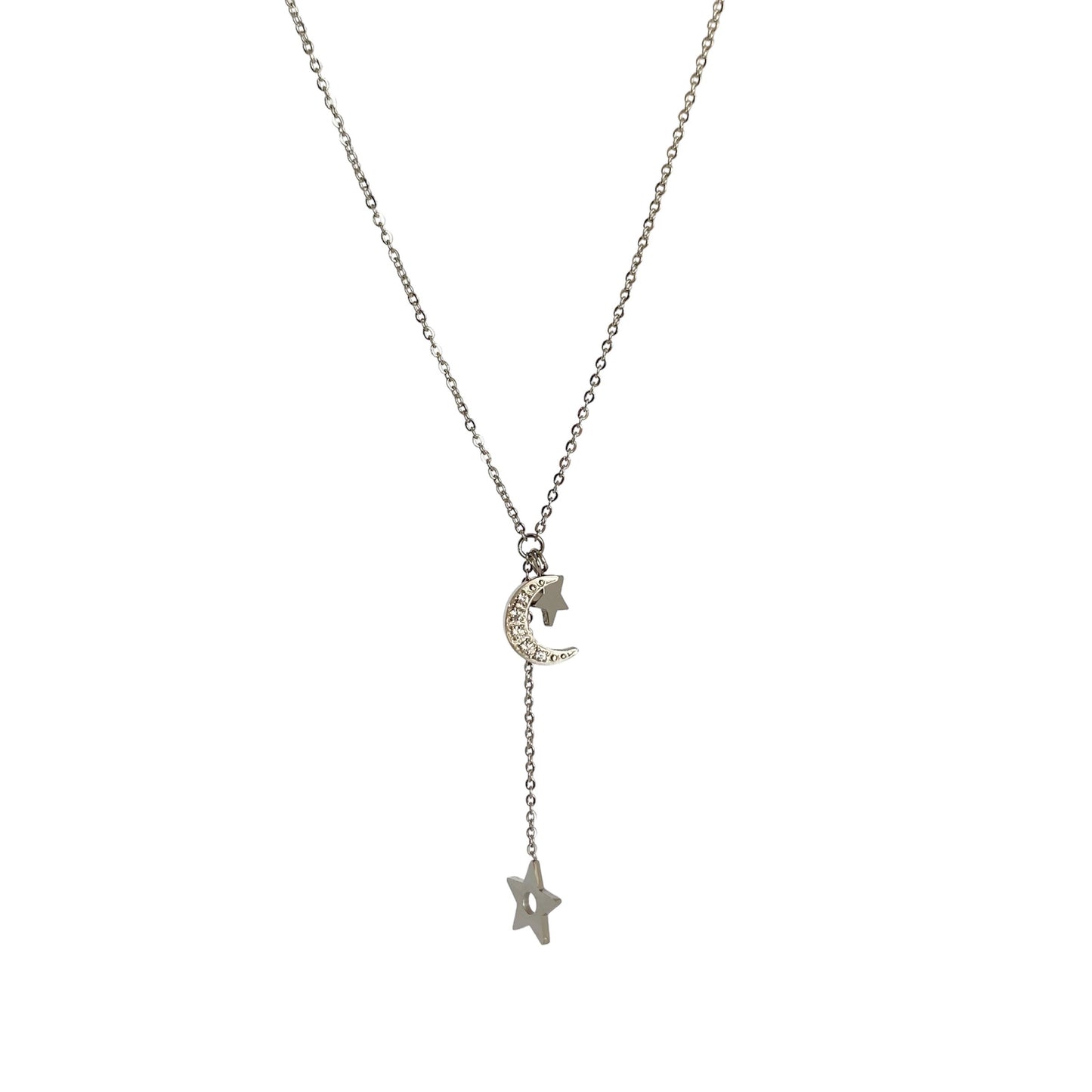 Collier en y étoile et lune en acier inoxydable argenté pour femme 