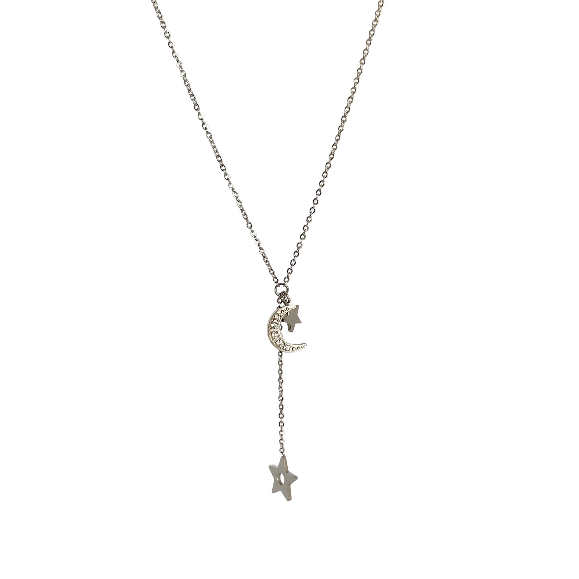 Collier en y étoile et lune en acier inoxydable argenté pour femme 