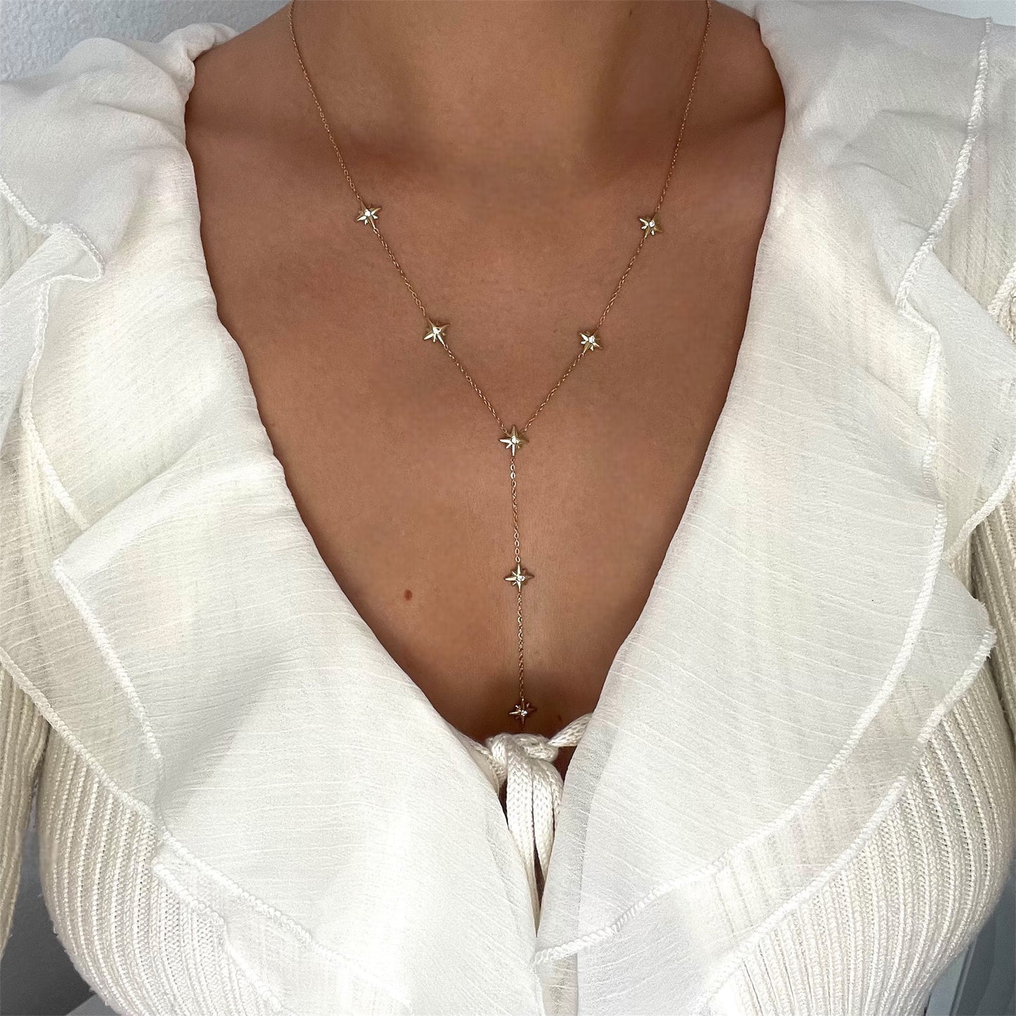Collier en y étoiles en acier inoxydable doré pour femme 