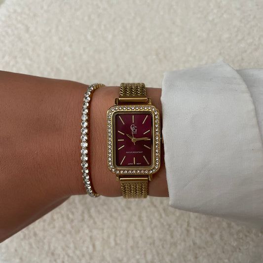 Montre Rectangulaire Bordeaux et Oxyde de Zirconium - Laurina
