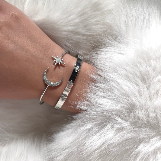 Jonc étoile et demi lune en acier inoxydable argenté pour femme tendance 