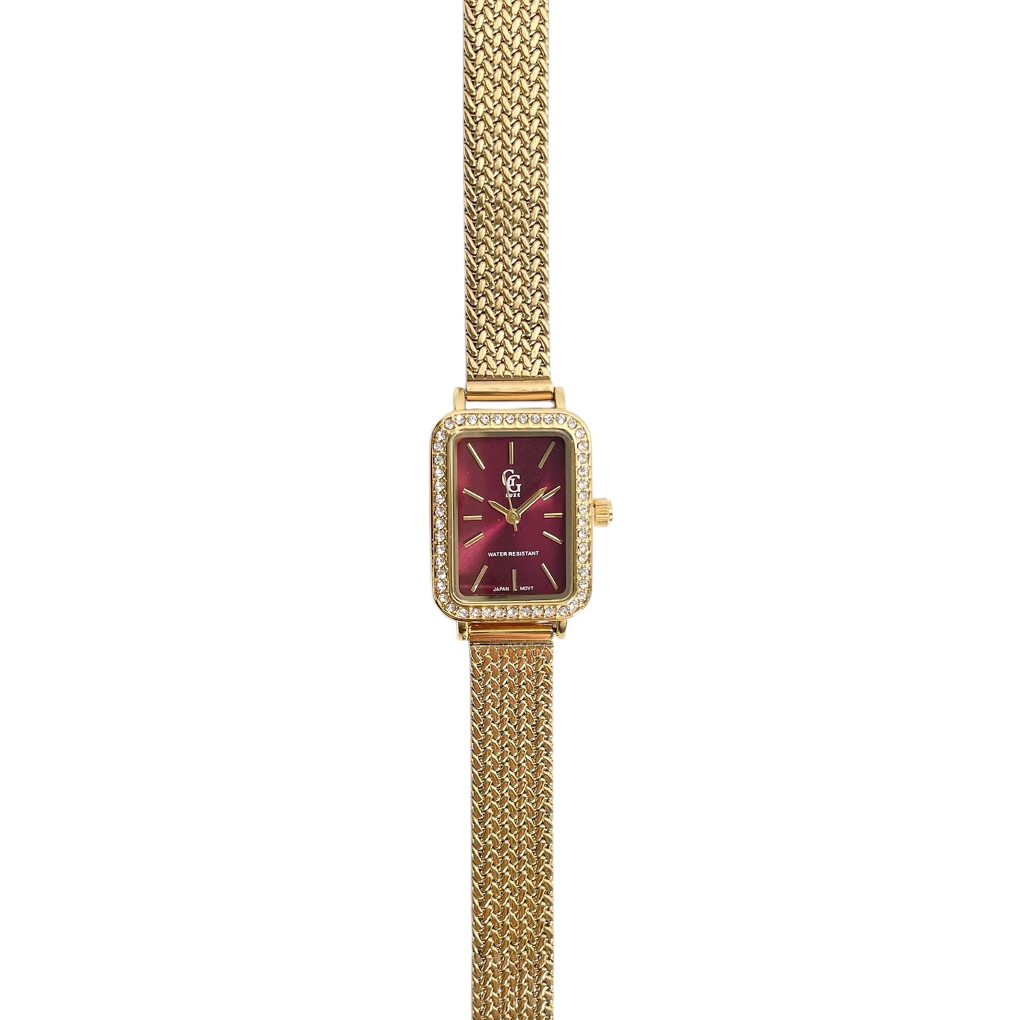 Montre cadran rectangle bordeaux serti de zirconium bracelet maille milanaise doré en acier inoxydable pour femme 