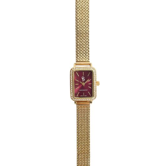 Montre cadran rectangle bordeaux serti de zirconium bracelet maille milanaise doré en acier inoxydable pour femme 