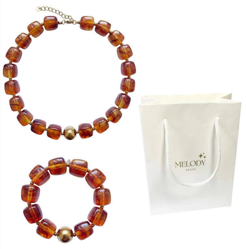 Parure bijoux en résine marron tendance effet marbré femme