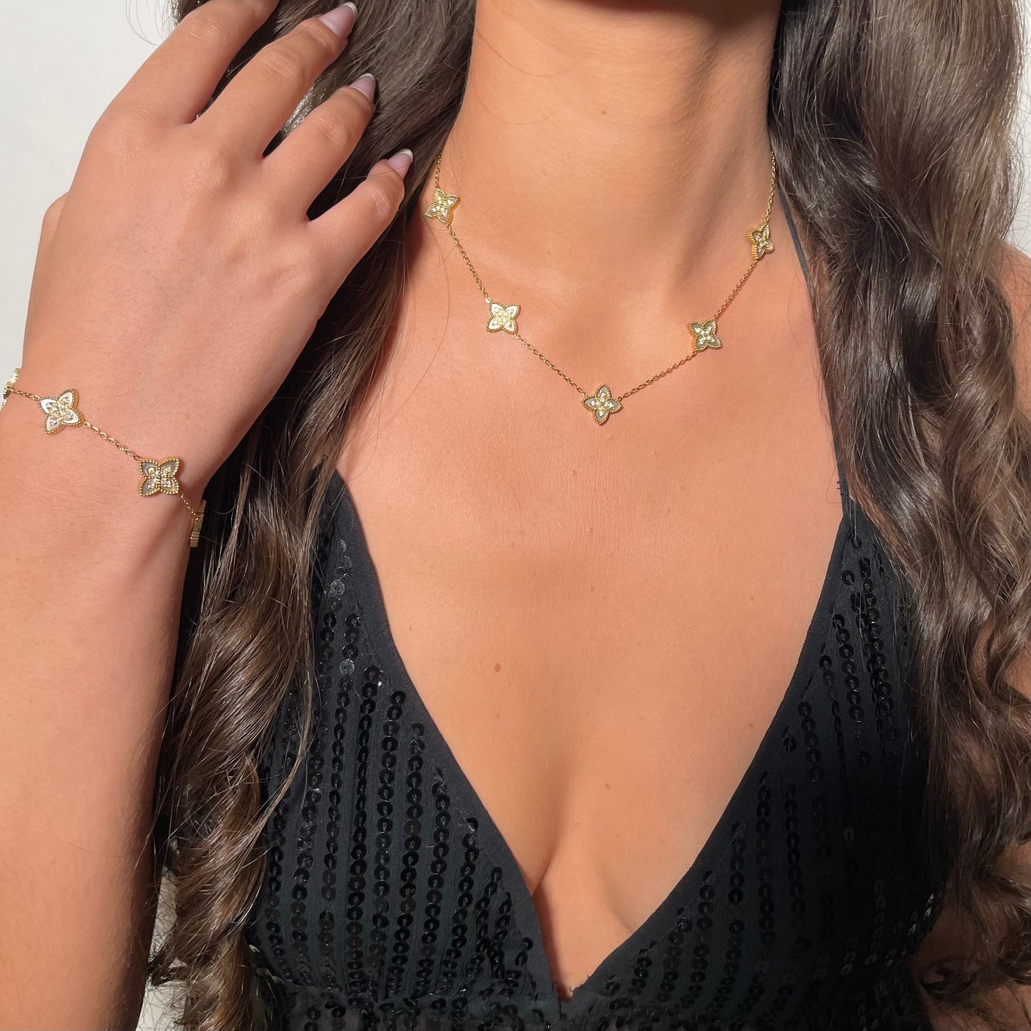 Parure bijoux trèfle collier et bracelet blanc en acier inoxydable doré pour femme 