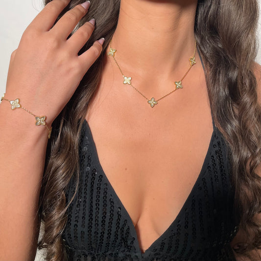 Parure bijoux trèfle collier et bracelet blanc en acier inoxydable doré pour femme 