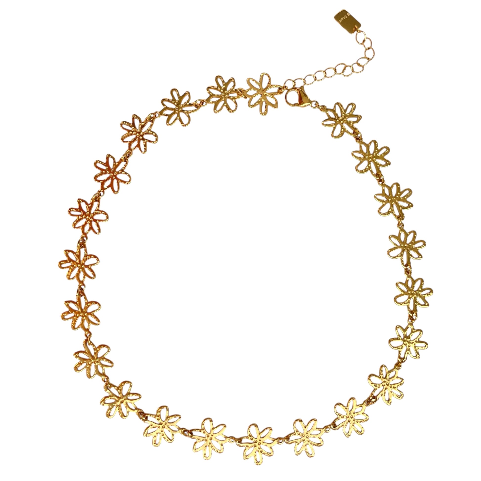 Collier ras de cou fleurs martelées en acier inoxydable doré chic femme 