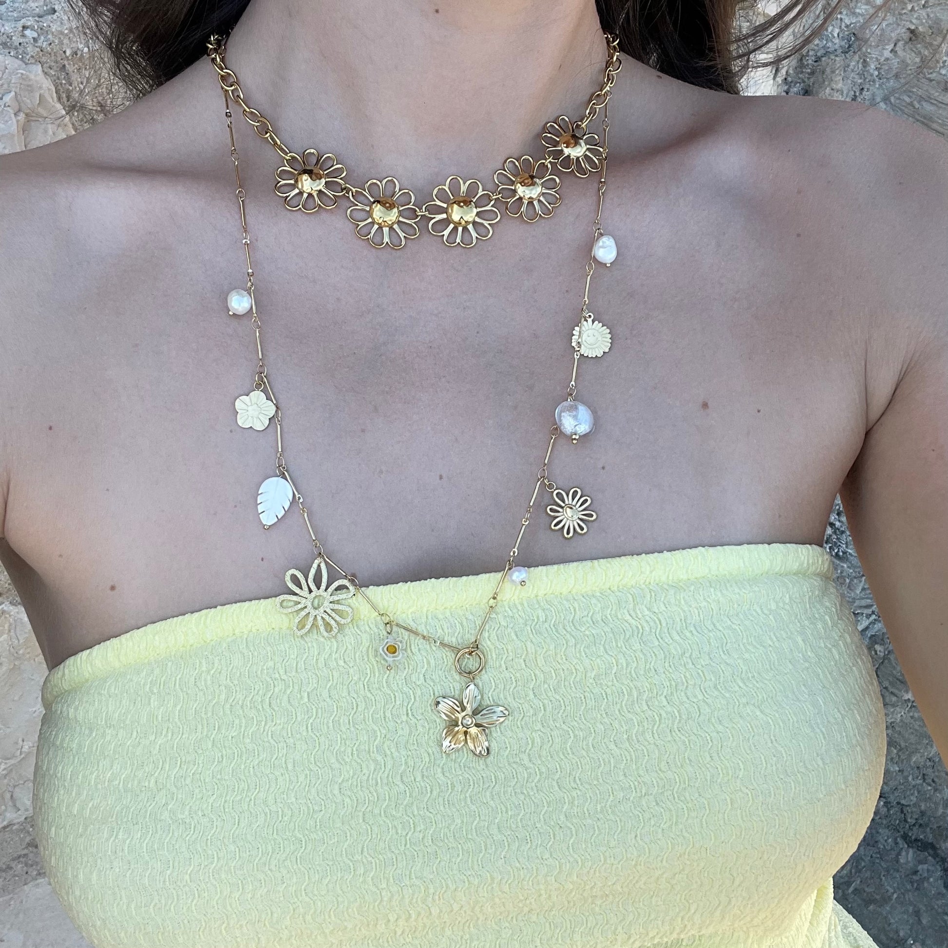 Sautoir breloques fleur en acier inoxydable doré femme 