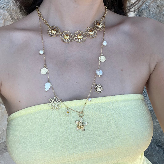 Sautoir breloques fleur en acier inoxydable doré femme 