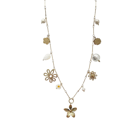 Sautoir élégant fine chaîne composé de breloques fleurs et perles tendance en acier inoxydable doré pour femme 