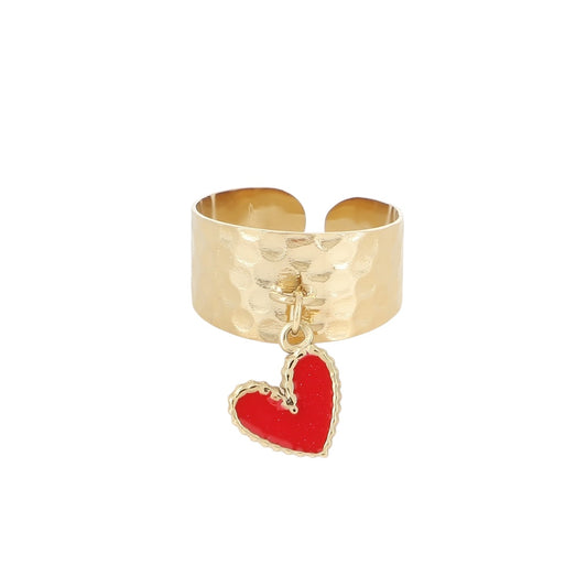 Bague ajustable en acier inoxydable doré pour femme, avec anneau martelé et pendentif cœur émaillé coloré, bijou tendance et hypoallergénique, résistant à l’eau.