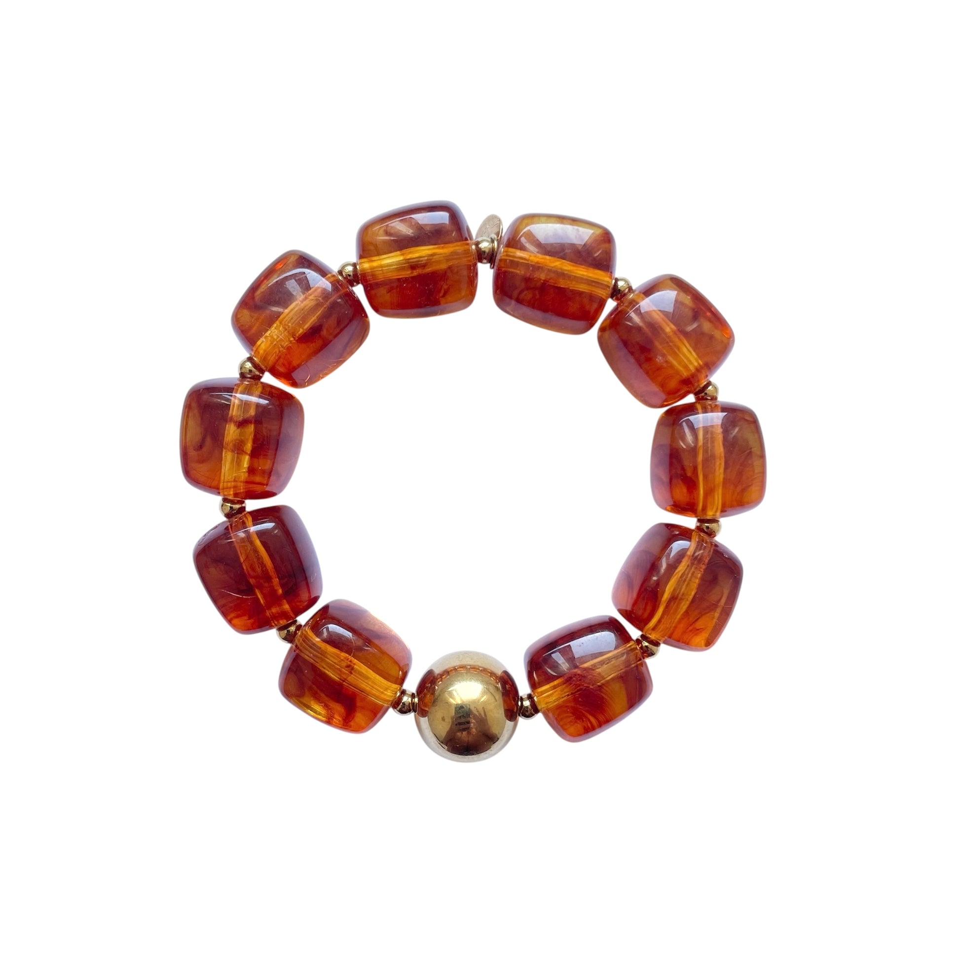 Bracelet résine perles carrées marron translucide avec perle dorée en acier inoxydable, bijou tendance femme, ajustable et résistant à l’eau