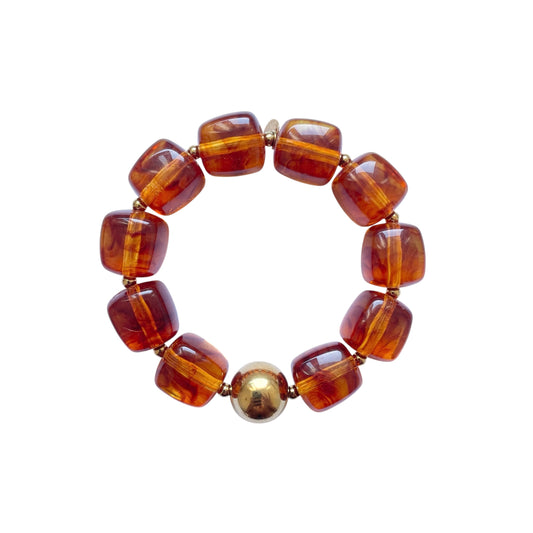 Bracelet résine perles carrées marron translucide avec perle dorée en acier inoxydable, bijou tendance femme, ajustable et résistant à l’eau