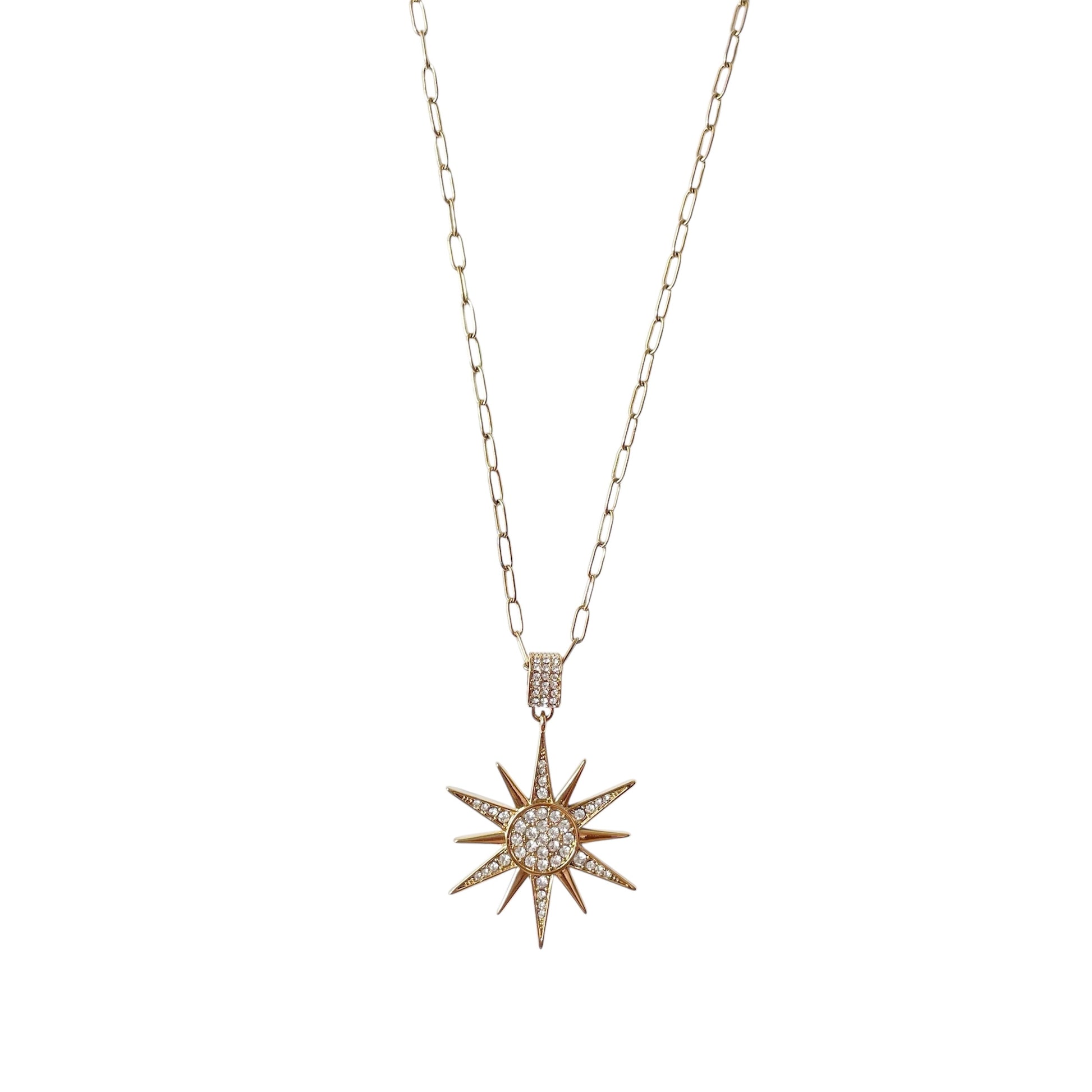 Collier long sautoir étoile en acier inoxydable doré strass pour femme