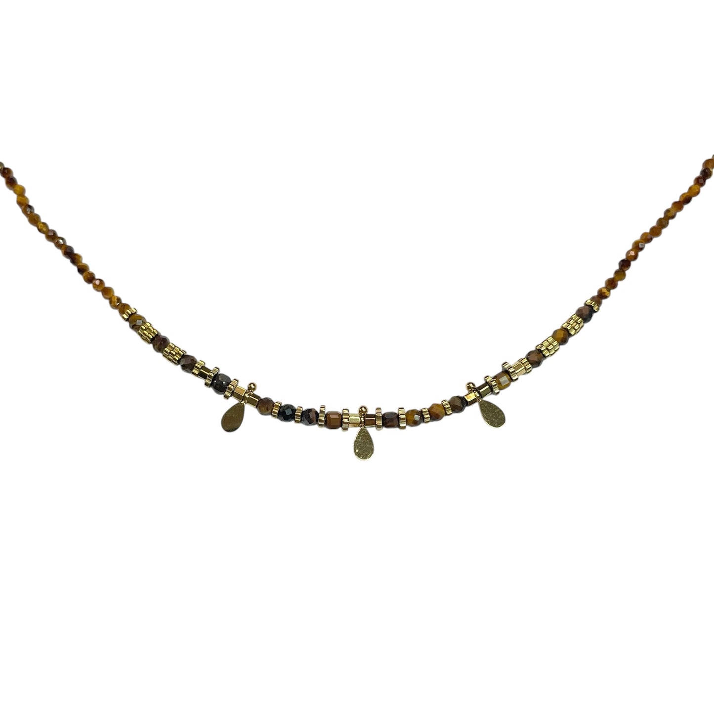 Collier en pierres naturelles œil de tigre avec pampilles en acier inoxydable doré